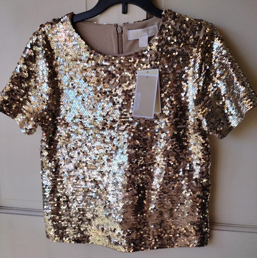 NWT Michael Kors Gold Sequin Top Blouse Fully Lined Zippered Back Size XXS